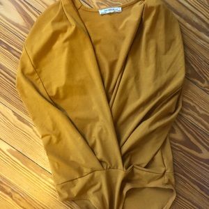 ZARA Gold Yellow Bodysuit Cropped Sleeves Size S